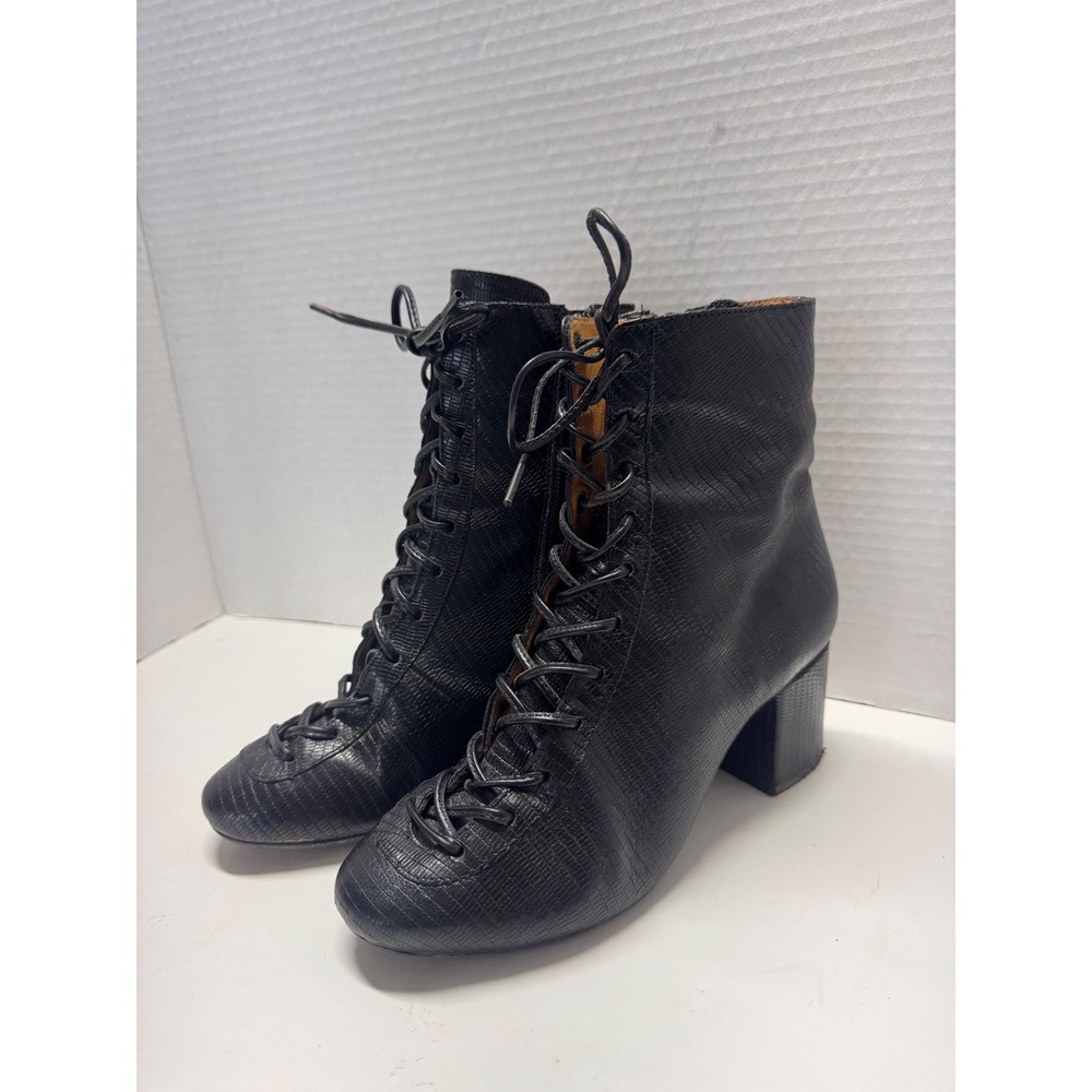 Sezane High Hope Black Lizard Embossed Leather Lace Up Block Heel Boots 36 6